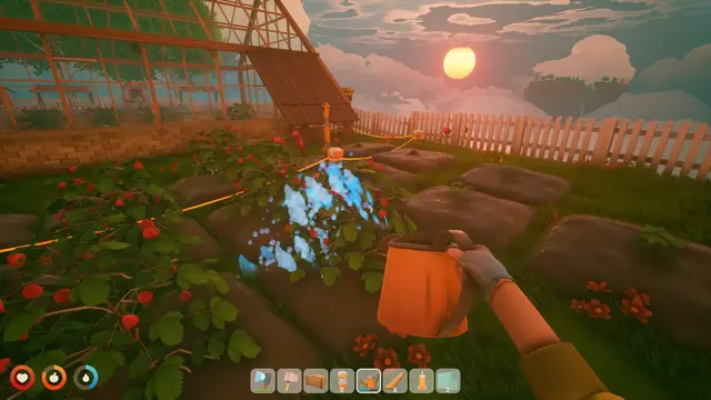 Solarpunk sky-island survival gameplay